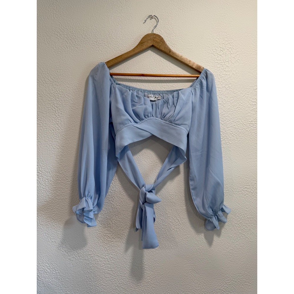 Petal + Pup Blue Off Shoulder Tie Back Crop Top Long Sleeve Ruffle Cuff Sz 8